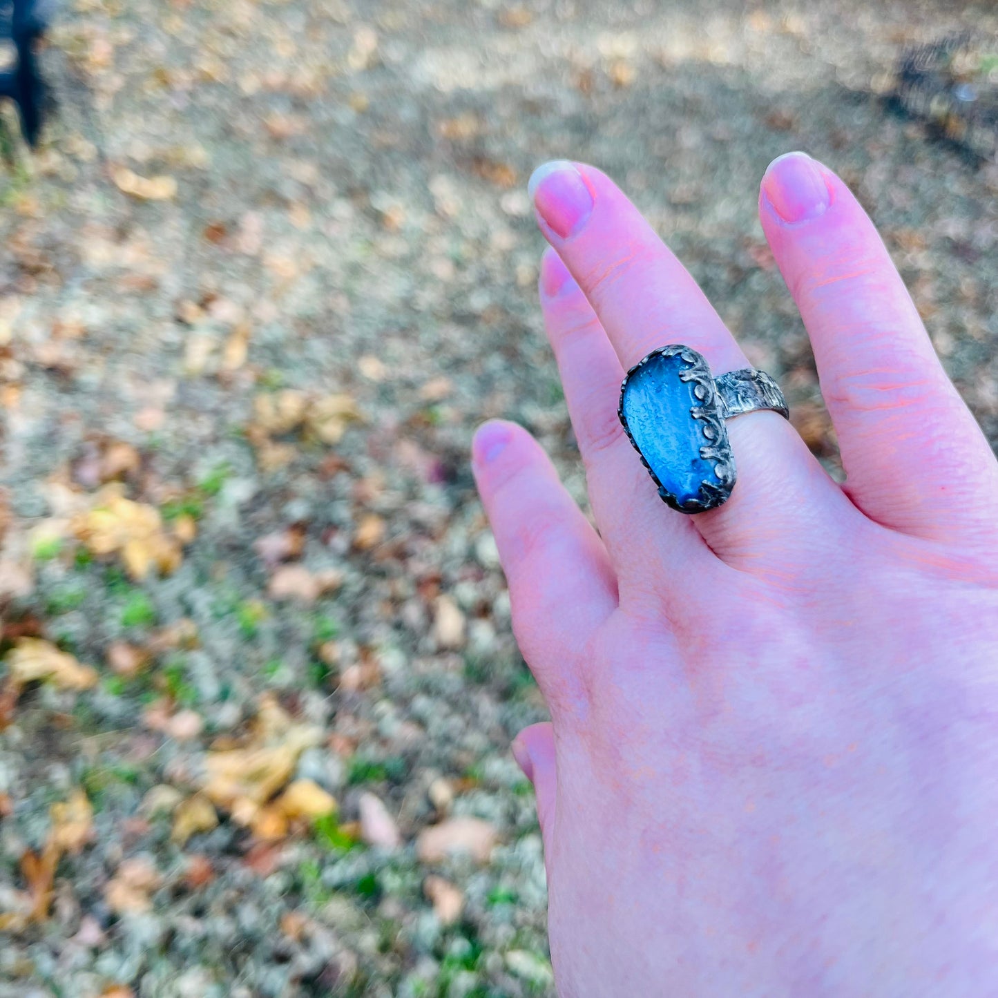 Blue Stained Glass Coffin Ring ~ Size 6