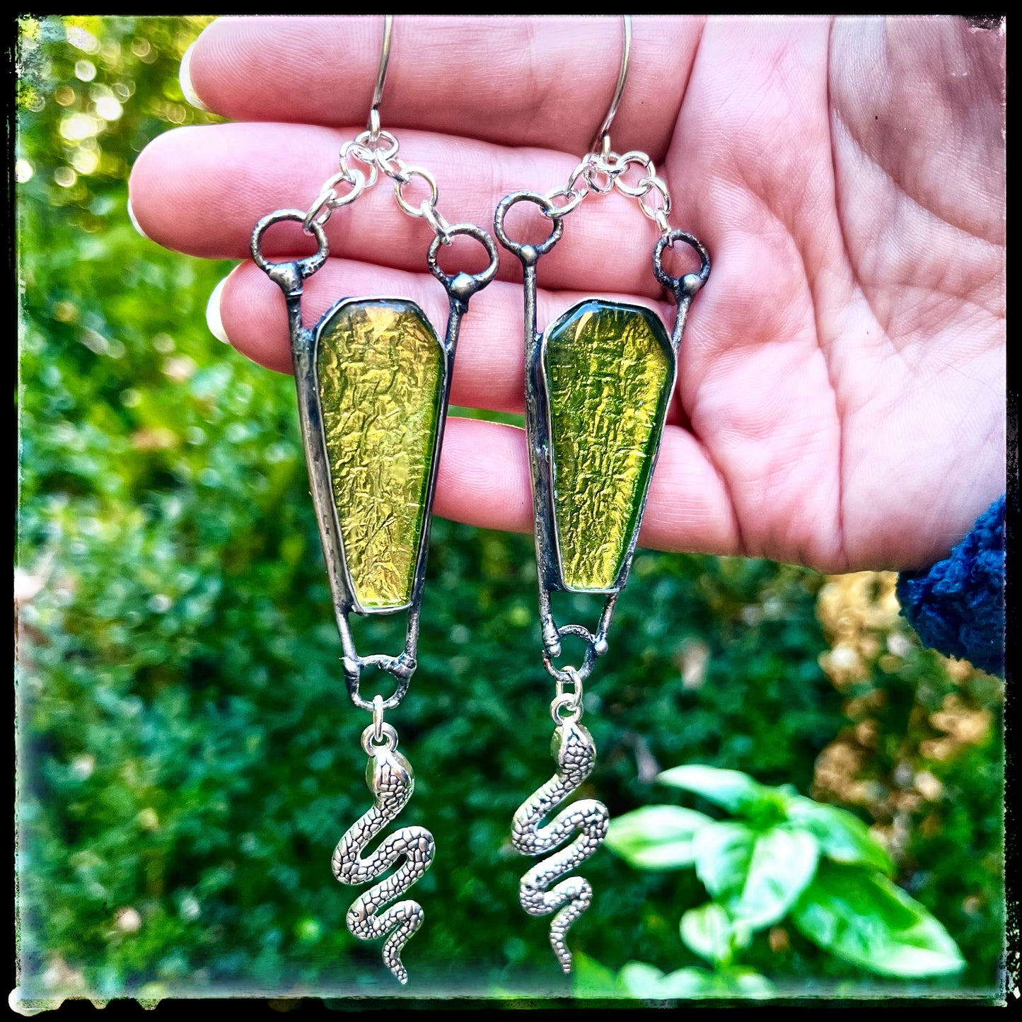 Serpent Queen ~ Stained Glass Green Coffin Earrings