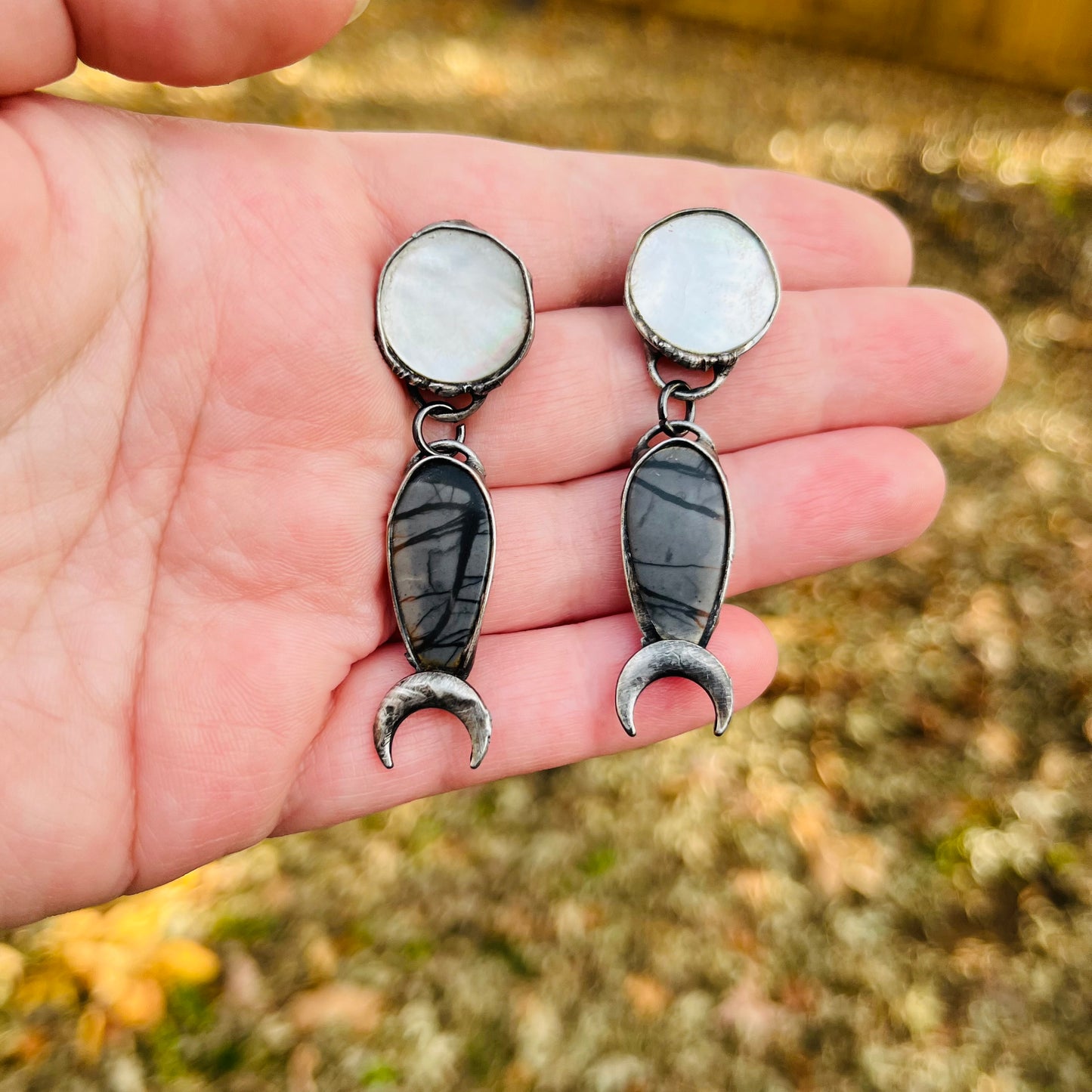 Goetia ~ Mother of Pearl ~ Picasso Jasper ~ post earrings