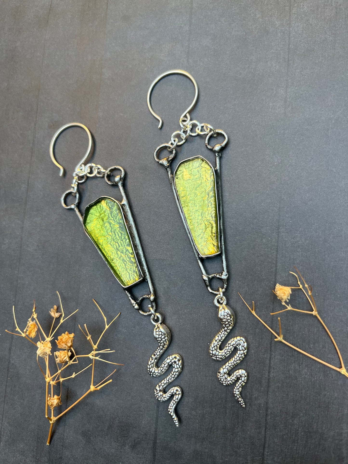 Serpent Queen ~ Stained Glass Green Coffin Earrings