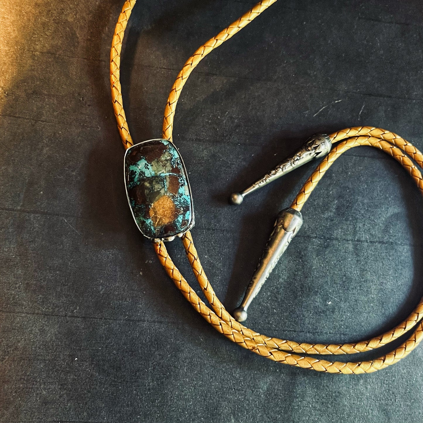 Bolo Tie ~ Azurite Chrysocolla stone ~ metallic gold cord