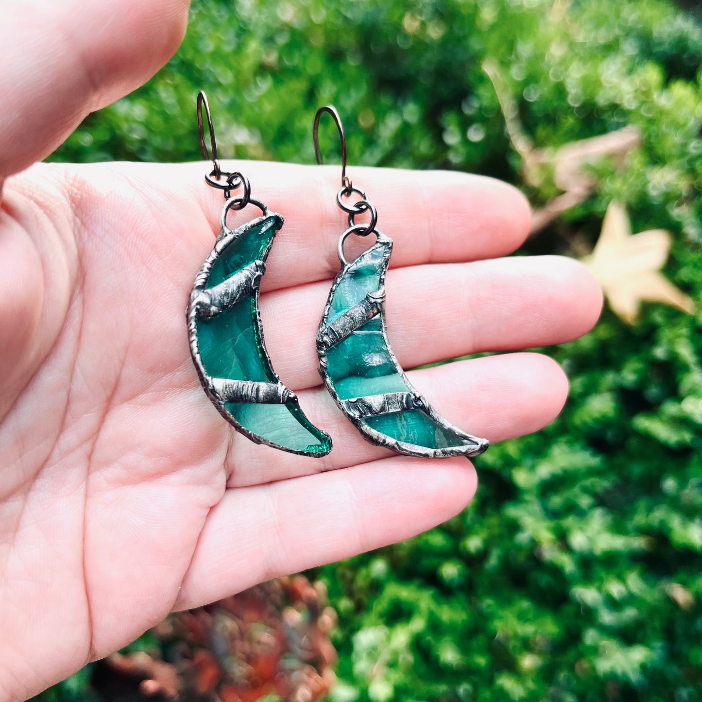 Green Stained Glass Moon Earrings