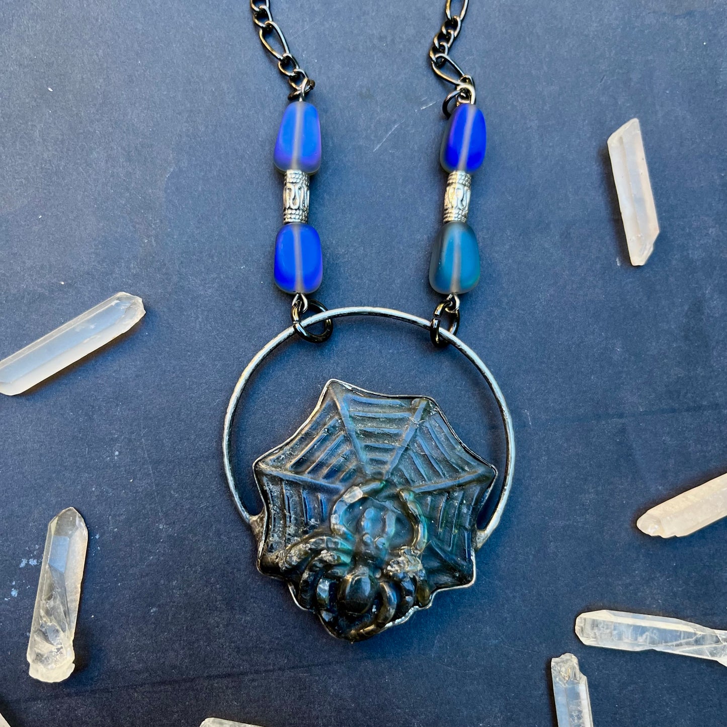 Arachne ~ Carved Spiderweb Labradorite ~ Statement Necklace