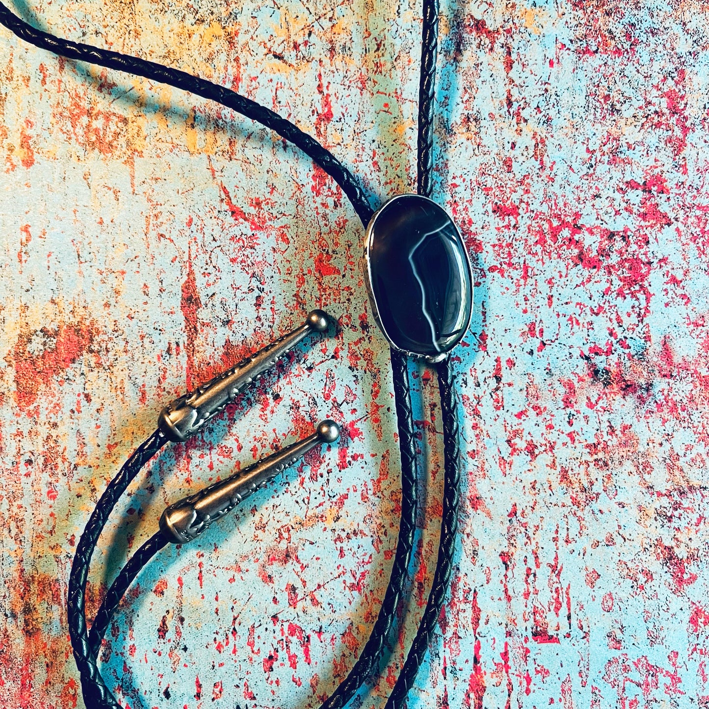 Bolo Tie ~ Black Banded Agate stone ~ Black Leather Cord