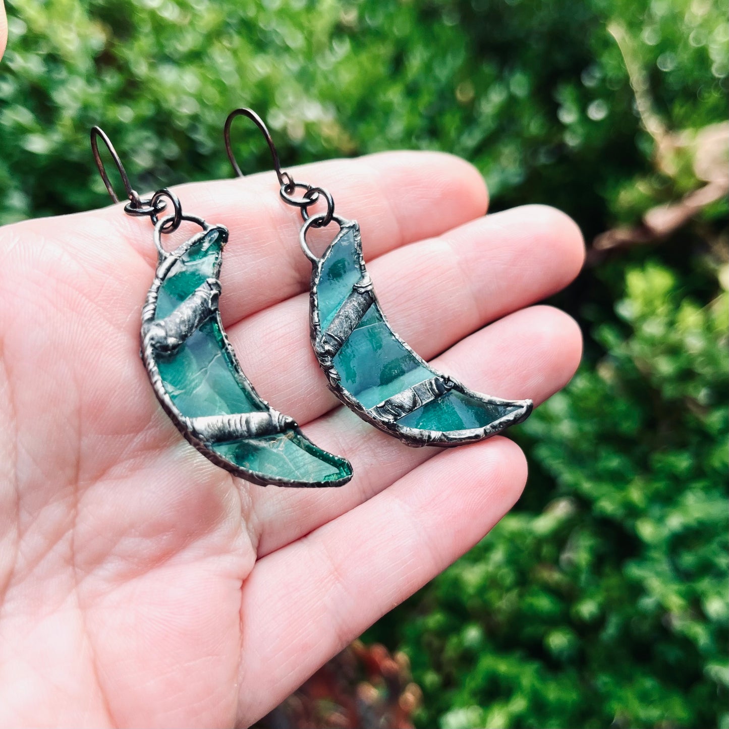 Green Stained Glass Moon Earrings