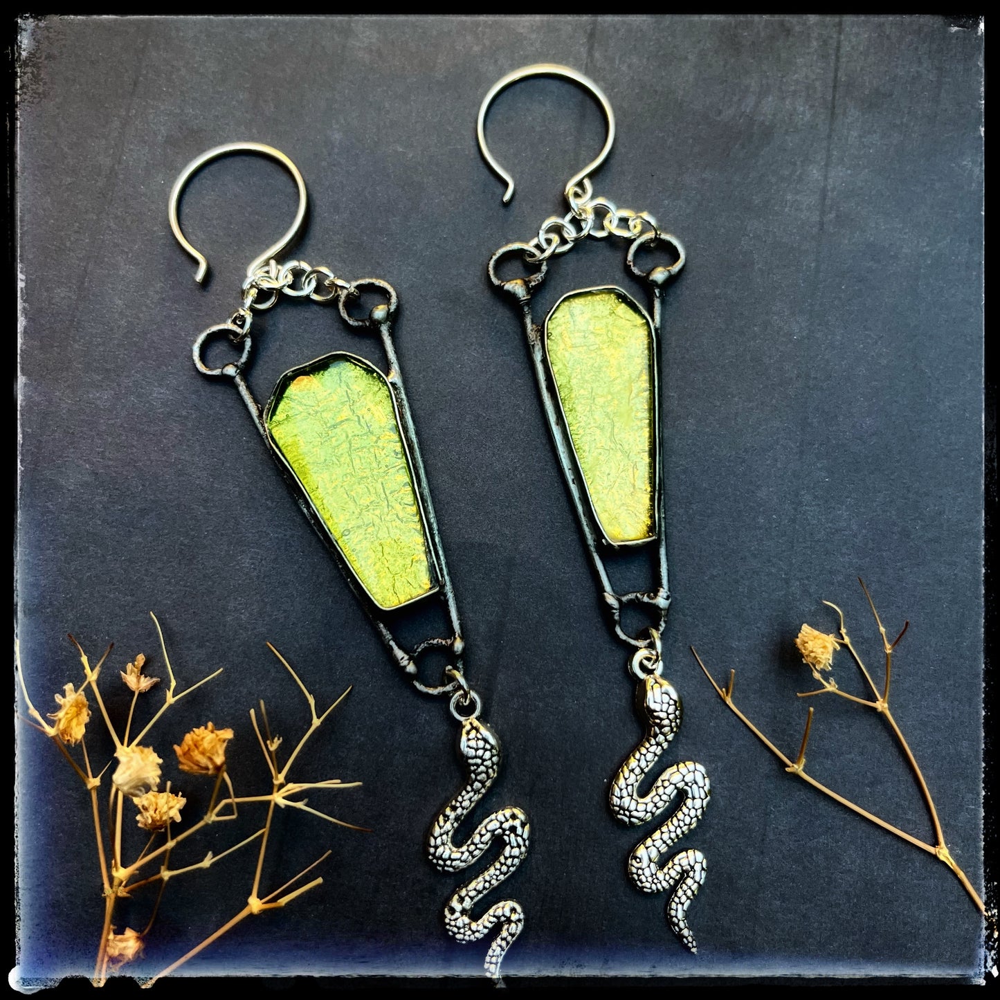 Serpent Queen ~ Stained Glass Green Coffin Earrings