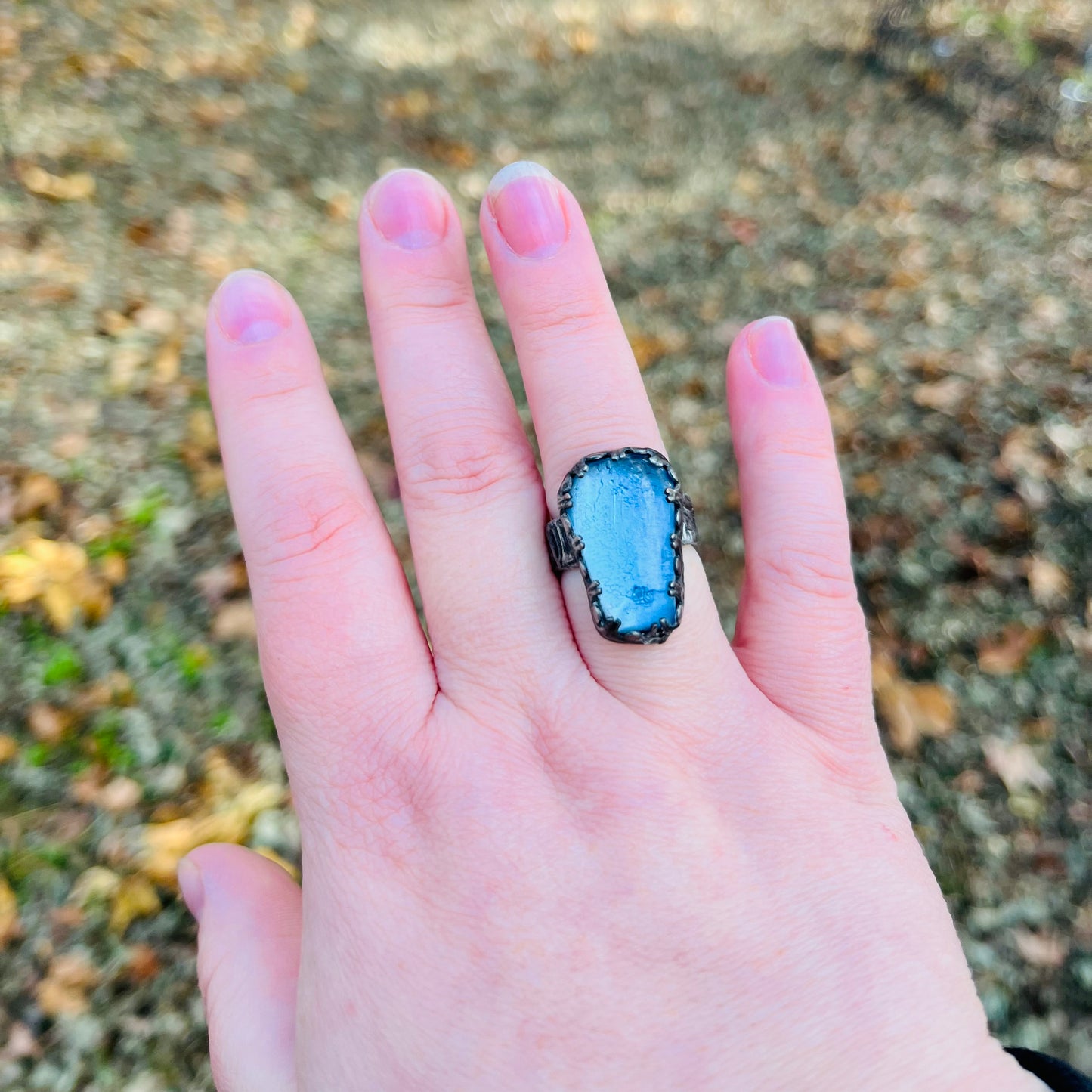 Blue Stained Glass Coffin Ring ~ Size 6