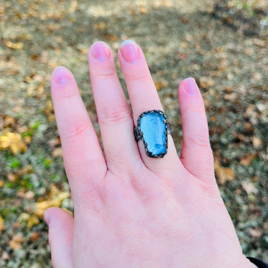 Blue Stained Glass Coffin Ring ~ Size 6