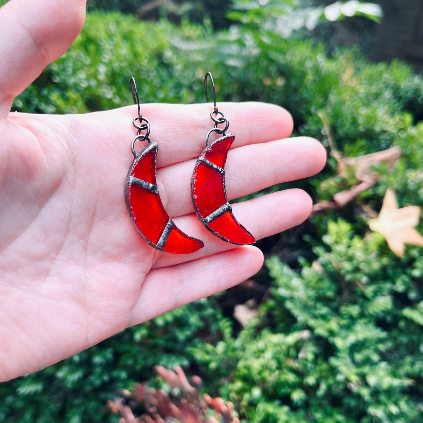 Red Stained Glass Moon Earrings