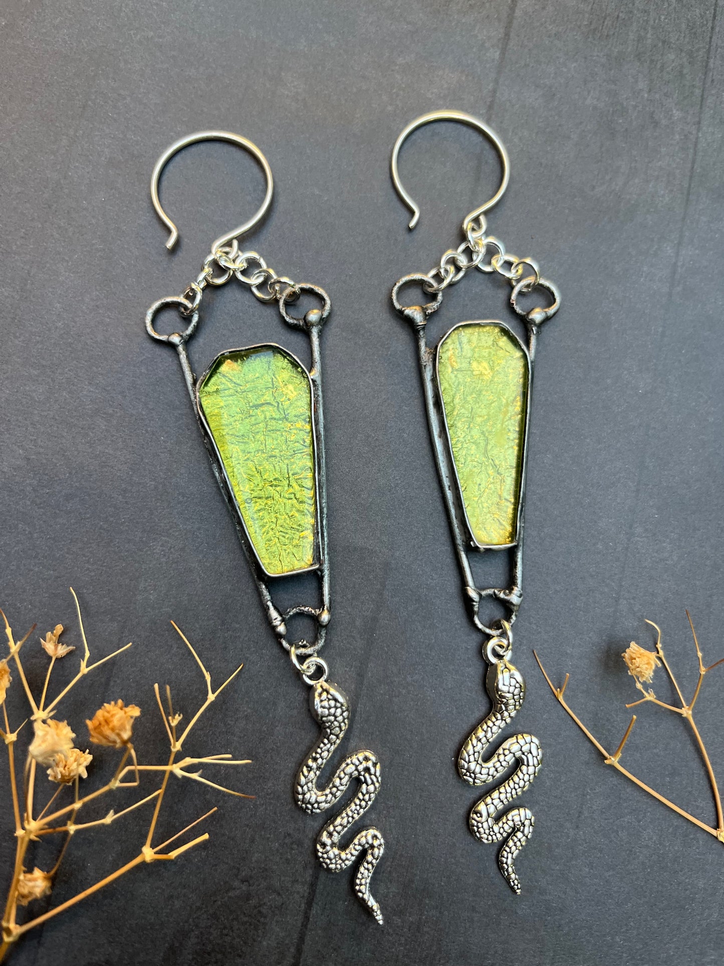 Serpent Queen ~ Stained Glass Green Coffin Earrings